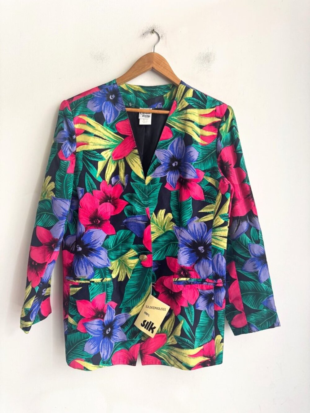 Vintage Elite Tropical Floral 100% Silk Blazer NEW DEADSTOCK  8 Petite